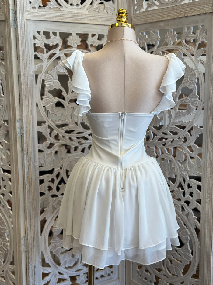 Ruffle Sleeve Mini White Dress- Slightly Stretchy , Estira Poco