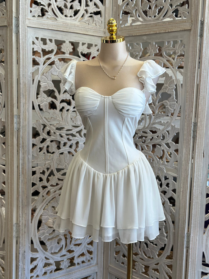 Ruffle Sleeve Mini White Dress- Slightly Stretchy , Estira Poco