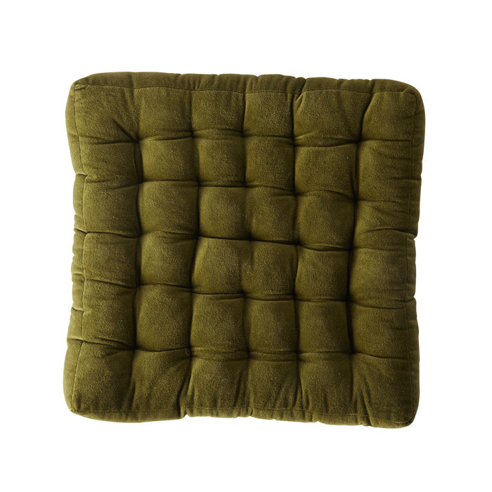 Indulge in comfort with the Samy Cotton Velvet Olive Green Seat Cushion, crafted from luxurious cotton velvet and showcasing an elegant tufted design.