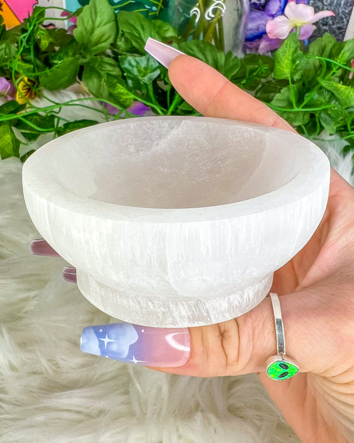 Satin Spar “Selenite” Raised Round Bowl {~4 inches}