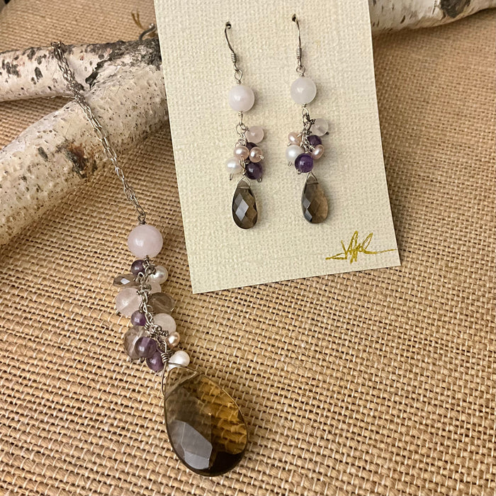 Smoky Quartz Earrings with Rose Quartz, Pearl & Amethyst #116