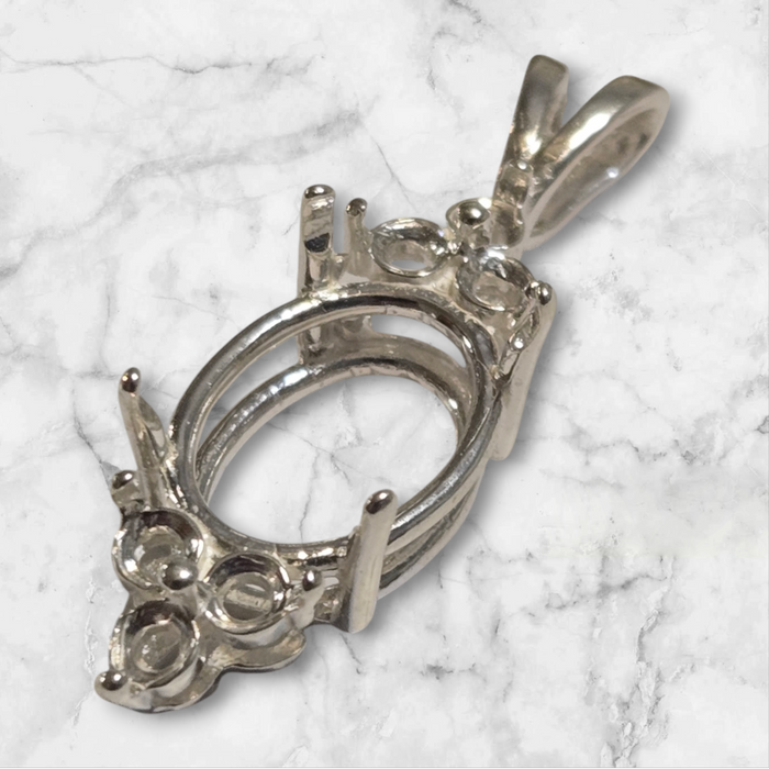 Solid Sterling Silver or 14kt Gold 10x8-18x13 Oval Cut Pendant Setting with 6 Stone Accents, Made in USA 161-056/141-056
