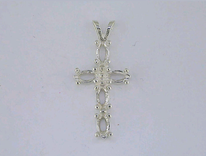 Solid Sterling Silver or 14kt White or Yellow Gold Multi Stone Marquise Cross Pendant Setting with Accent, New, Made in USA 161-737