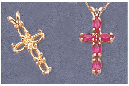 Solid Sterling Silver or 14kt White or Yellow Gold Multi Stone Marquise Cross Pendant Setting with Accent, New, Made in USA 161-737