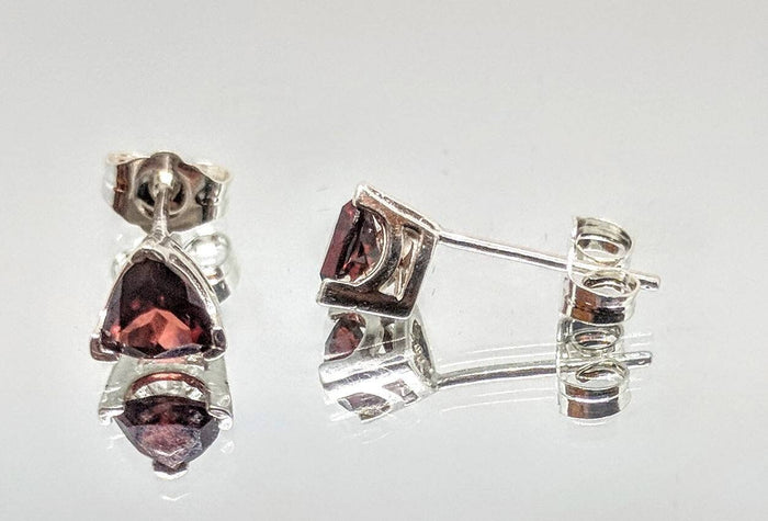 Solid Sterling Silver or Solid 14kt White, Yellow, or Rose Gold 4-8mm Trillion Natural Blood Red Garnet Earrings, VVS Eye Clean, Birthstone
