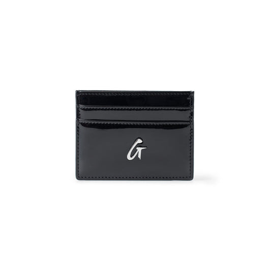 Black mirror finish card holder with silver logo, featuring multiple card slots and a sleek, compact design.
