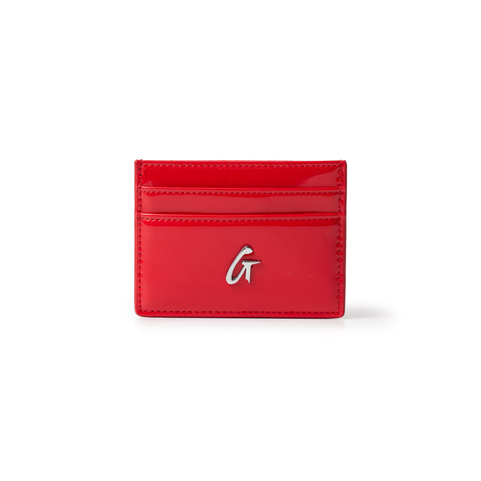 Red mirror finish silver card holder with multiple card slots and a silver "G" logo on the front.