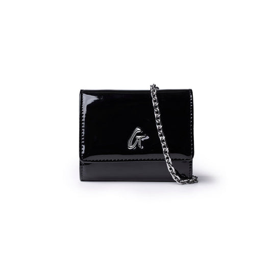 Sleek black compact wallet on a chain with a glossy finish and logo detail, perfect for stylish outings.