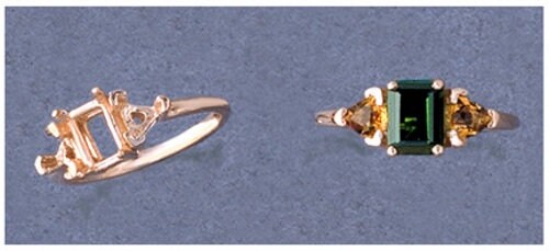 Sterling Silver or 14kt Gold 7x5 Emerald Cut Side with Trillion Accents Pre-Notched Blank Ring Size 7 setting 163-460/143-460