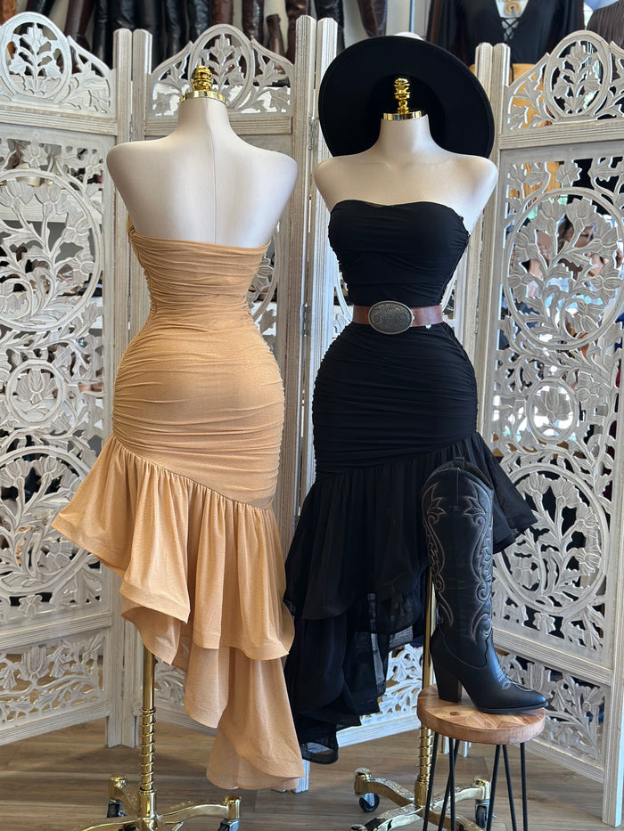 Strapless High Low Ruffle Dress-Estira , Stretchy
