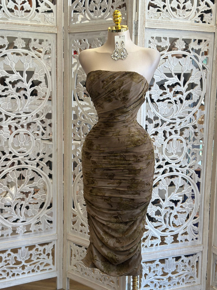 Strapless Taupe Floral Midi Dress- Stretchy , Estira