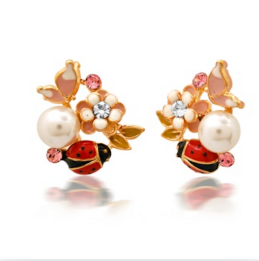 TAI Enamel Ladybug Flower Cluster Studs