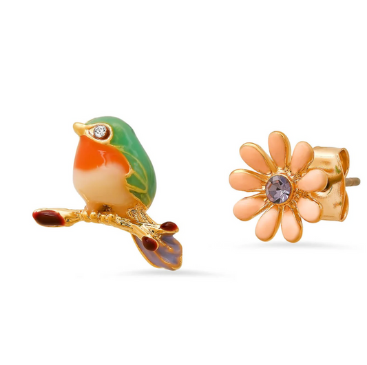 TAI Flower with Bird Mismatch Earrings