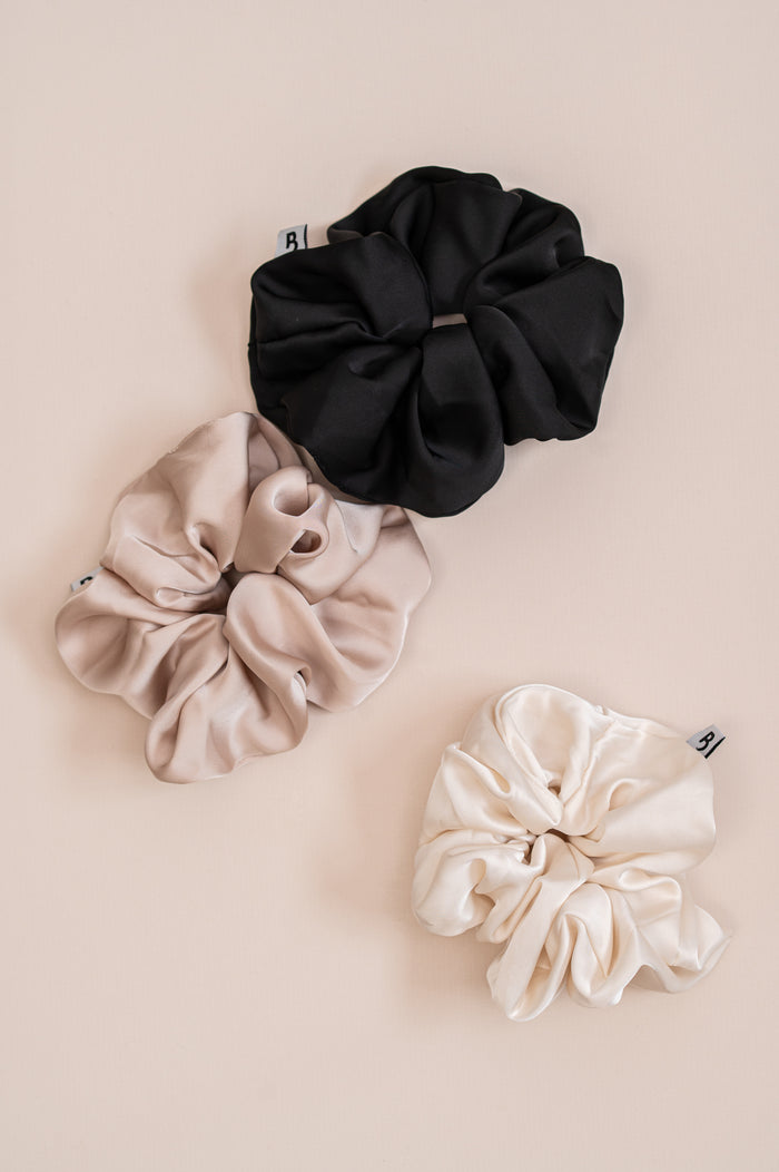 The Satin Scrunchie Trio – Black, Cream & Champagne (3-Pack)