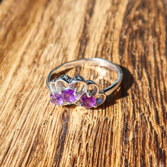 Trio Heart Amethyst 925 Sterling Silver Ring | February Birthstone Unique Jewelry 333