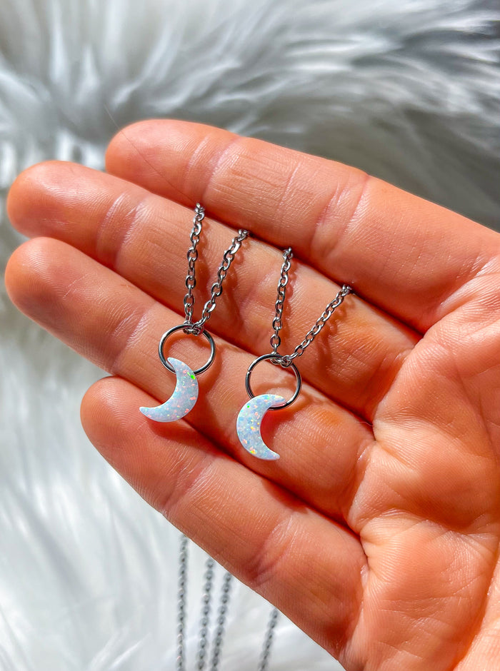 White Lab-Opal Crescent Moon Choker Necklace
