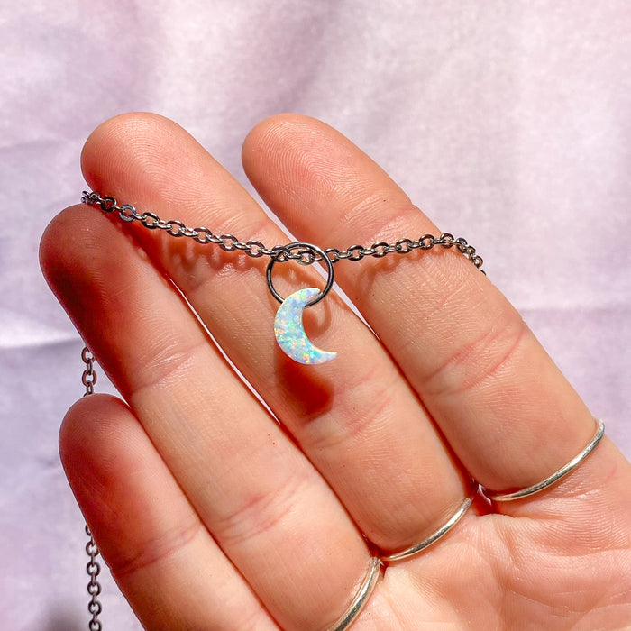 White Lab-Opal Crescent Moon Choker Necklace