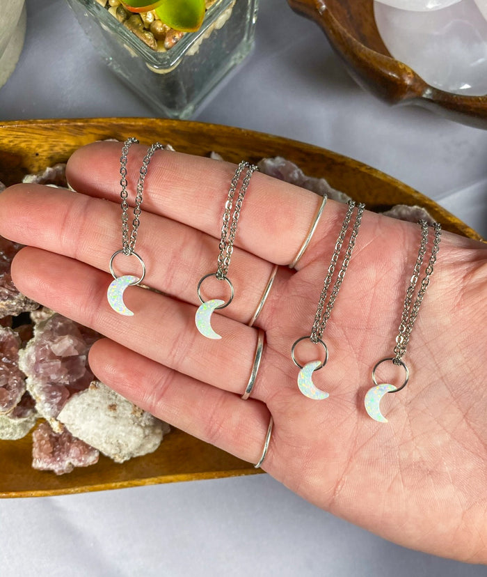 White Lab-Opal Crescent Moon Choker Necklace