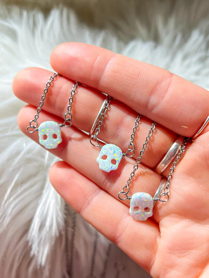 White Lab-Opal Skull Choker Necklace