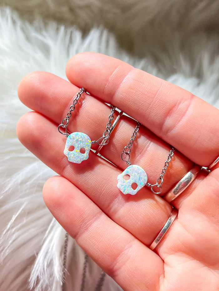 White Lab-Opal Skull Choker Necklace
