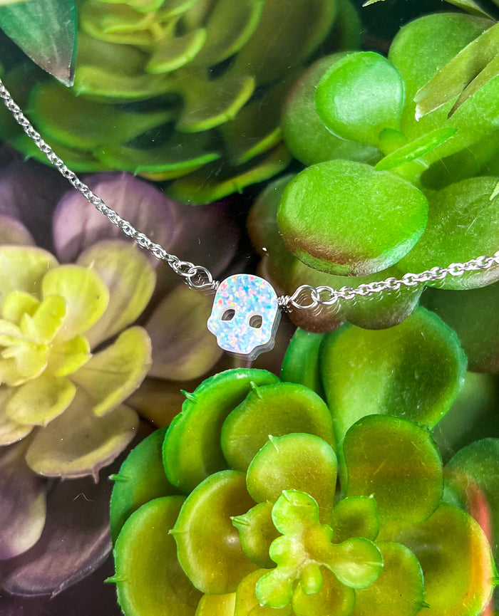 White Lab-Opal Skull Choker Necklace