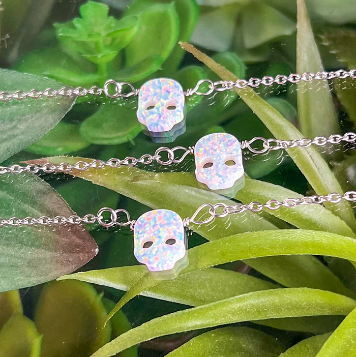 White Lab-Opal Skull Choker Necklace