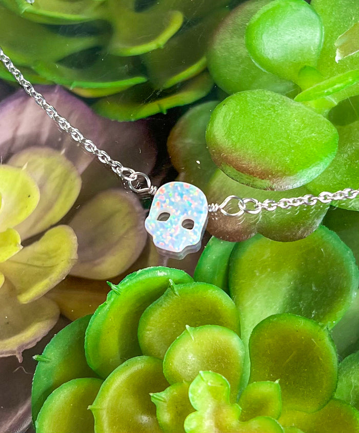 White Lab-Opal Skull Choker Necklace
