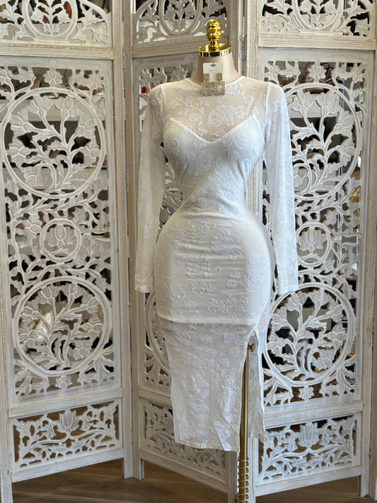 White Mesh Velvet Floral Dress- Stretchy , Estira