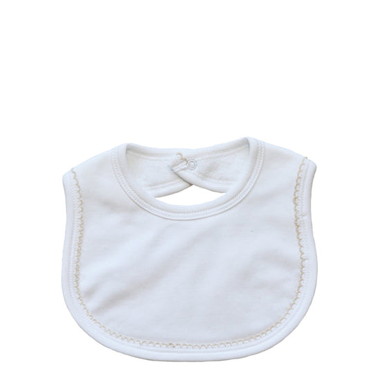 White Pima Cotton Bib With Beige Picot Trim