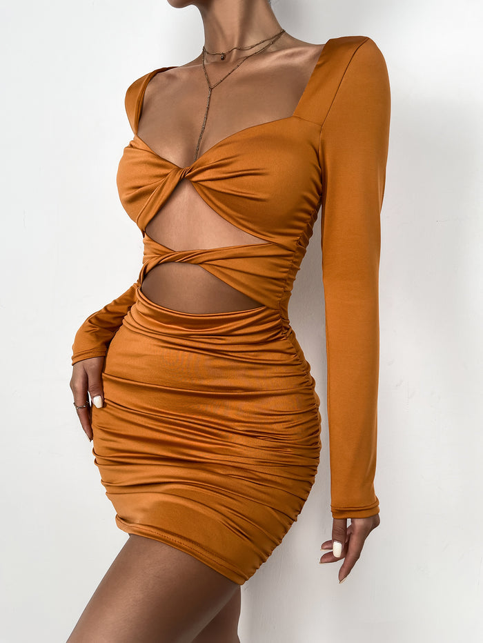 Women’s Deep V Tie-Pleated Dress – Sheer & Flowing Elegance