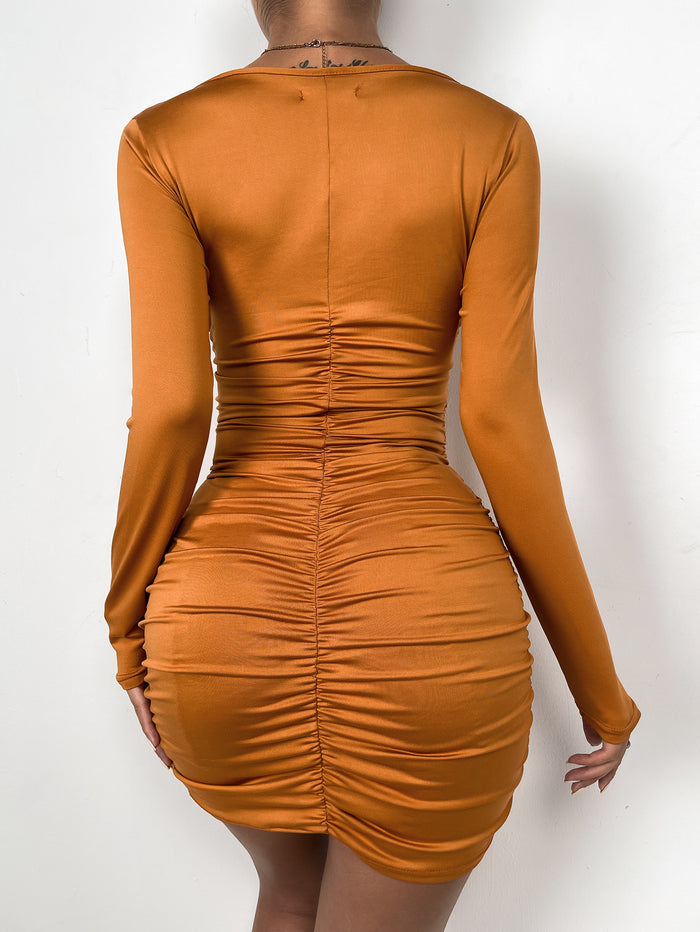 Women’s Deep V Tie-Pleated Dress – Sheer & Flowing Elegance