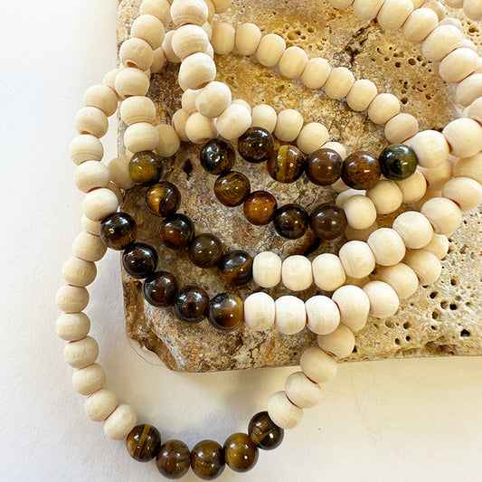 Wood & Tiger’s Eye Beaded Bracelet | Protection, Balance & Inner Strength