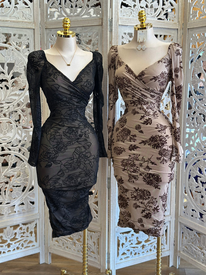 Wrapped Mesh Floral Bodycon Midi Dress-Estira Poco , Slightly Stretchy
