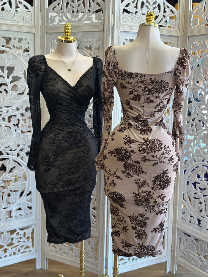 Wrapped Mesh Floral Bodycon Midi Dress-Estira Poco , Slightly Stretchy